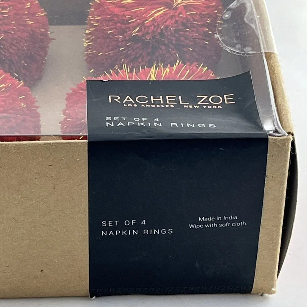 Rachel Zoe Holiday Napkin Rings Red Pom Pom Gold Metallic Threads‎ Set Of 4